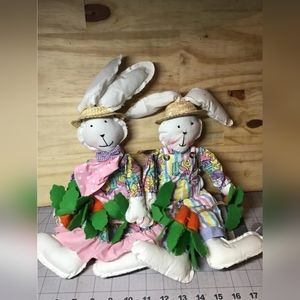 Vintage 15" Man And Women Bunnys Rabbit Cloth Doll Decor Plush W/ Carrot's 2 Lot